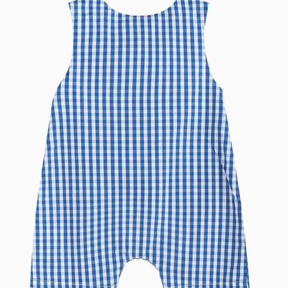 Baby Boy Blue Gingham Embroidered Pumpkin Smocked Shortalls Thanksgiving - Picture 3 of 6